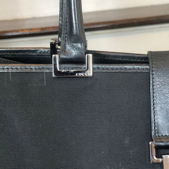 GUCCI Jackie Black Leather Rolled Top Handles Tall Nylon Tote Bag VTG Mint - Picture 4 of 17